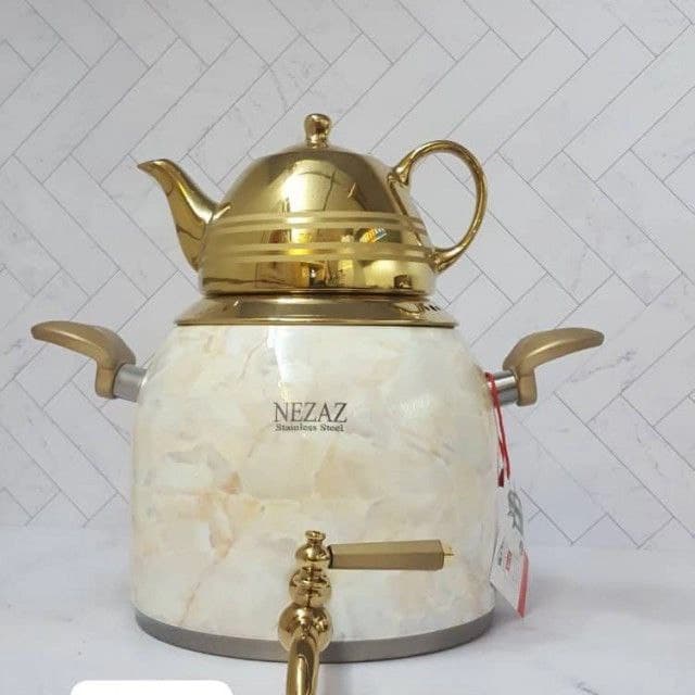 کتری قوری نزاز NEZAZ طرح ترک رنگی 5 لیتری طرح سنگی طلایی کف چدن کد 3024 — تصویر ۲