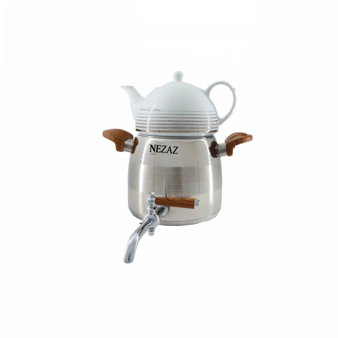 کتری قوری نزاز NEZAZ هرمی 3 لیتری استیل دسته چوب کف چدن کد 2804 — تصویر ۲
