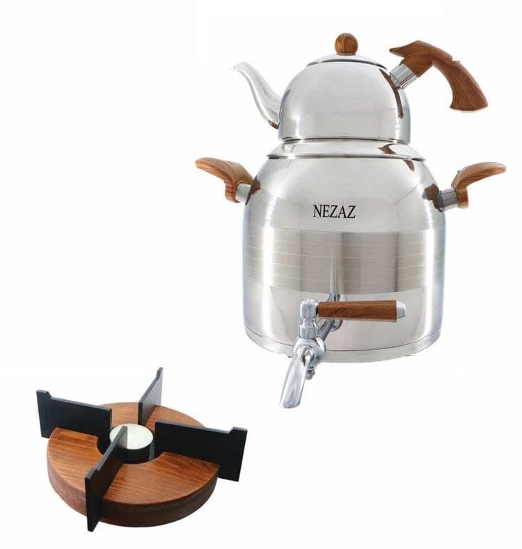 کتری قوری نزاز NEZAZ طرح ترک 5 لیتری دسته چوبی قوری استیل وارمر دار کف چدن کد 2608 — تصویر ۲