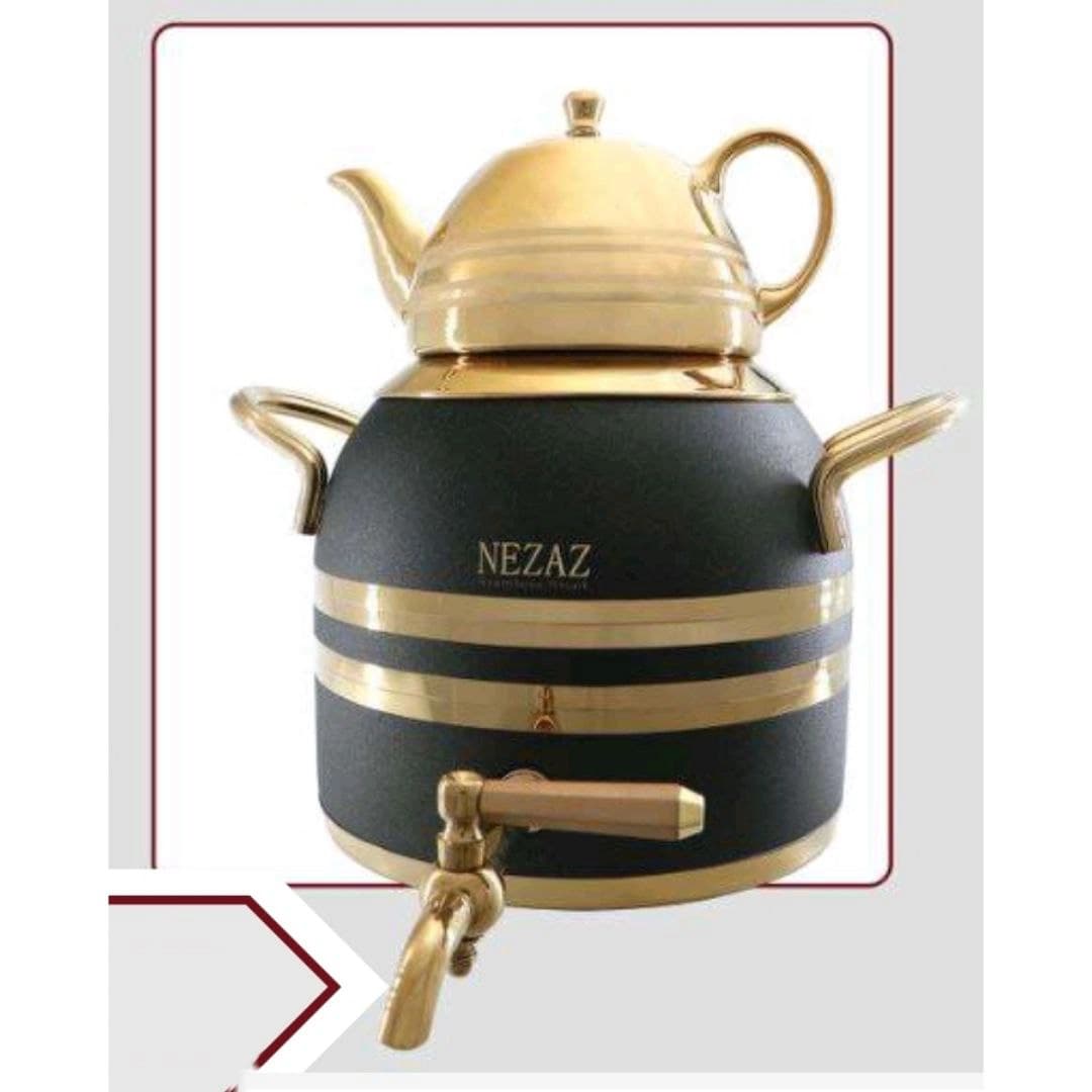 کتری قوری نزاز NEZAZ طرح ترک 5 لیتری مشکی طلایی قوری استیل کف چدن کد 2605 — تصویر ۲