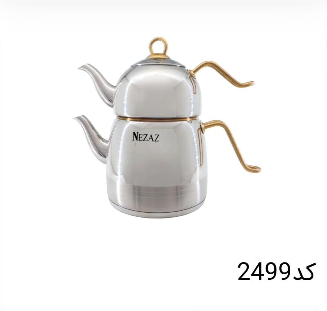 کتری قوری نزاز NEZAZ لوله دار 3 لیتری هرمی دسته استیل طلایی کف چدن کد 2499