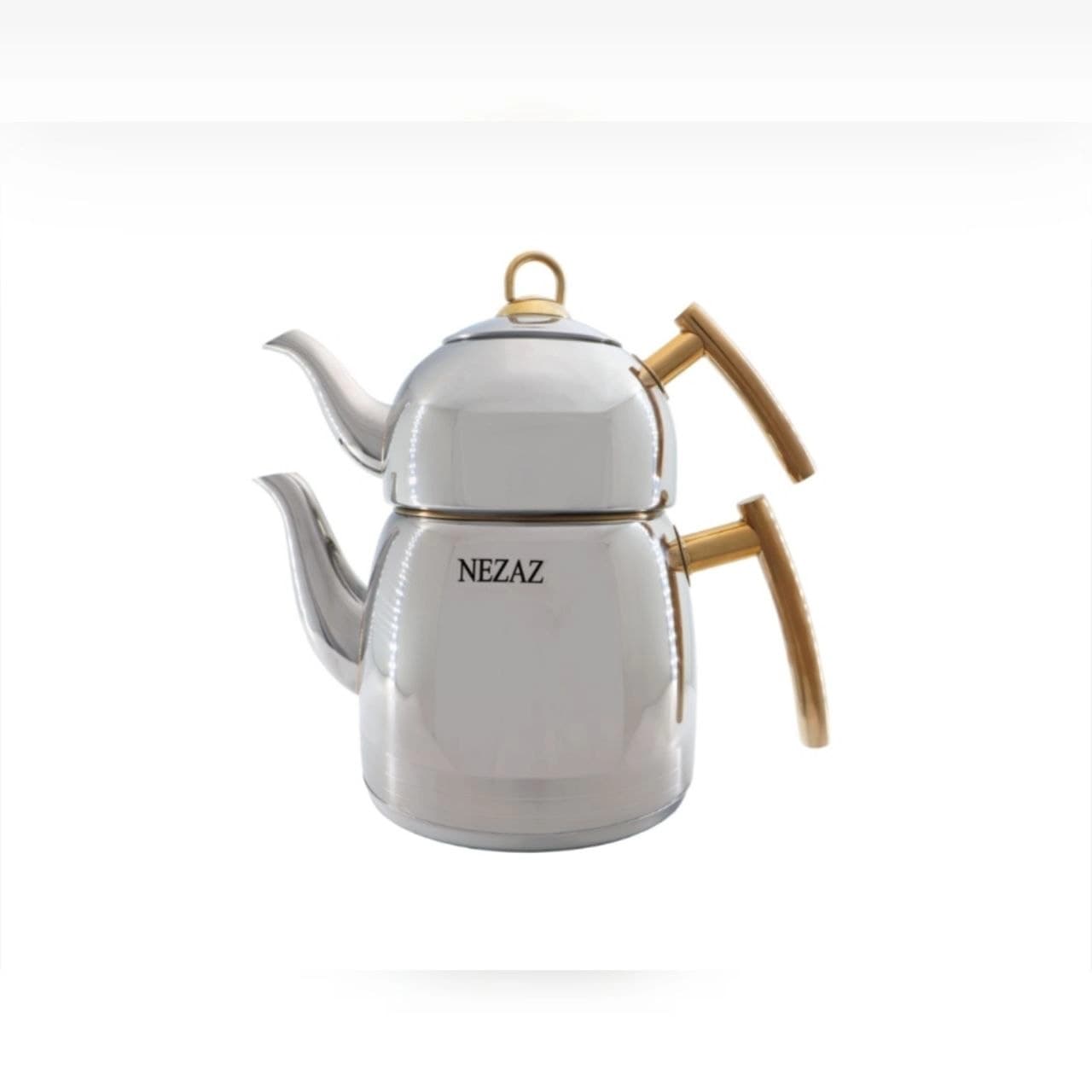 کتری قوری نزاز NEZAZ تمام استیل 3 لیتری دسته طلایی کف چدن کد 2414