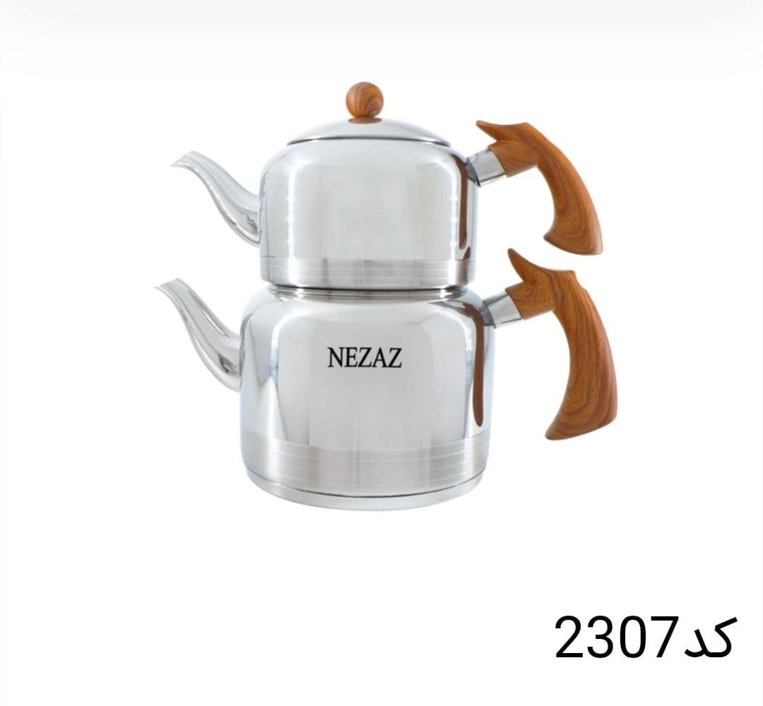 کتری قوری نزاز NEZAZ لوله دار 2.5 لیتری طرح چوب تمام استیل کف چدن کد 2307