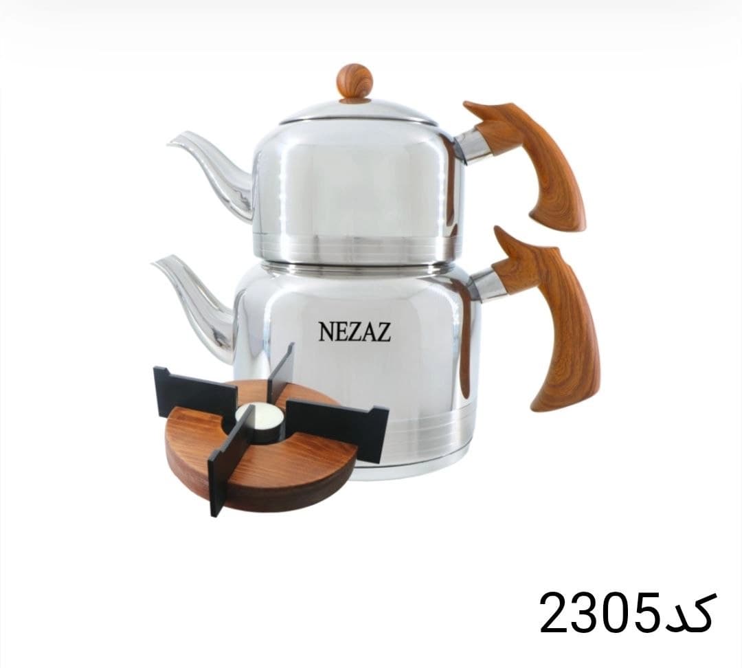 کتری قوری نزاز NEZAZ لوله دار 2.5 لیتری دسته چوب قوری استیل وارمر دار کف چدن کد 2305