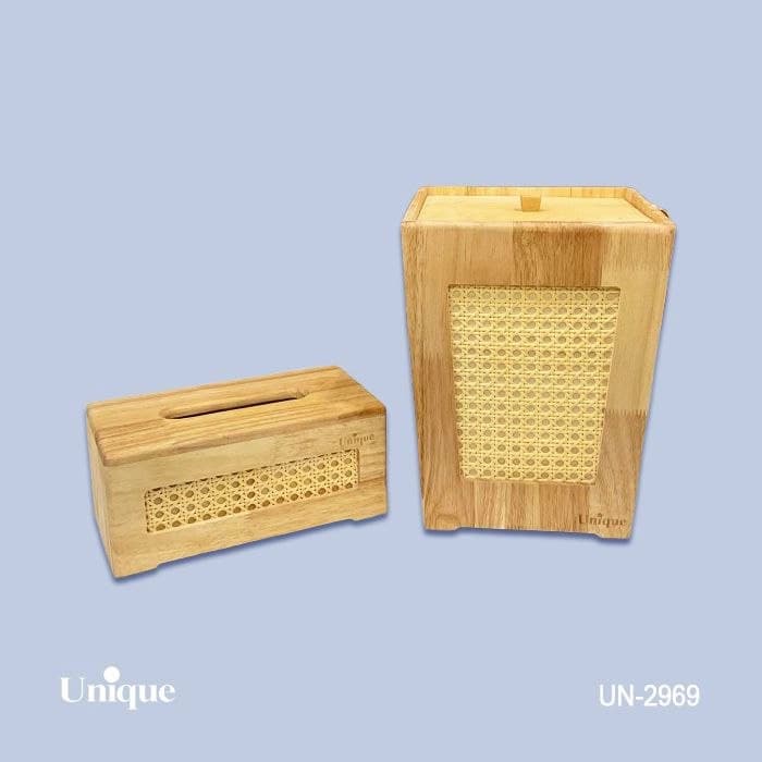 سطل و جا دستمال چوبی یونیک Unique مدل حصیری کد UN-2969