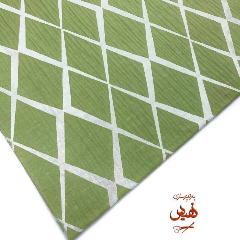 پارچه کتان ژاکارد مانتویی طرح لوزی رنگ سبز سدری