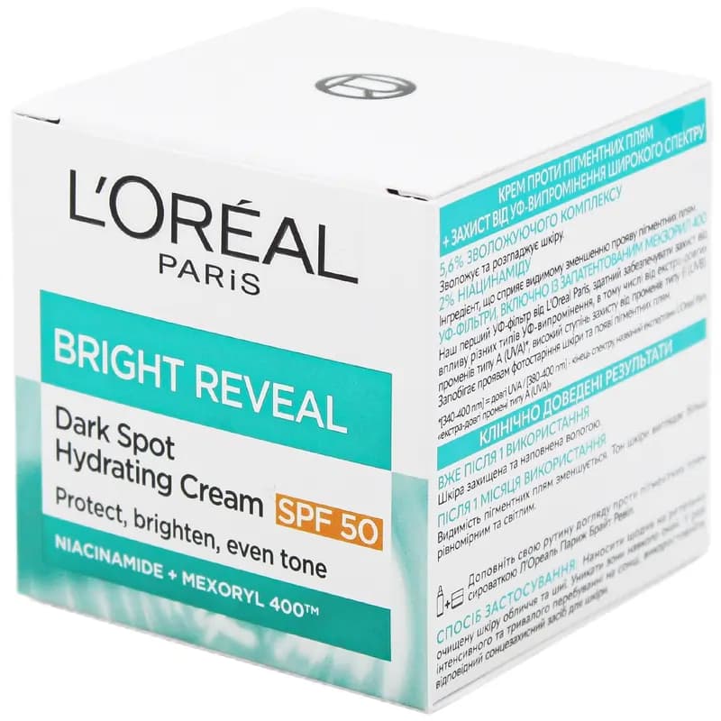 کرم مرطوب کننده و ضد لک لورآل L’Oréal مدل Bright Reveal – حاوی نیاسنامید و با SPF 50 | حجم 50 میلیلیتر — تصویر ۳