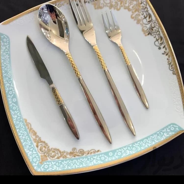 سرویس قاشق چنگال نیمه طلای استیل نگیر 120پارچه دهانه اروپایی (جدید ترین طرح) — تصویر ۲