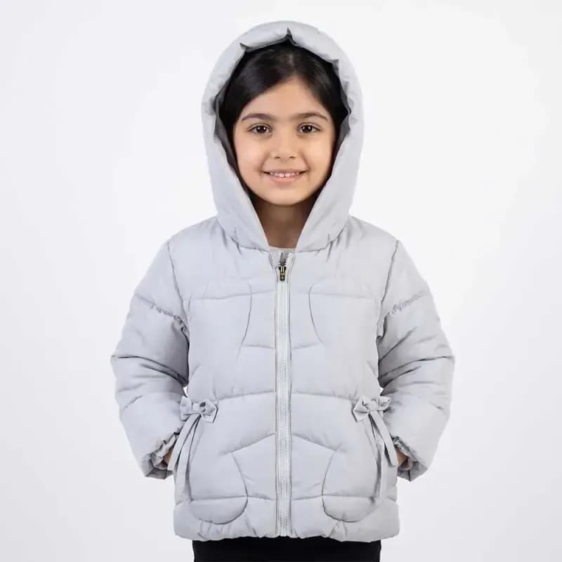 کاپشن دخترانه پاپیونی طوسی داخل خز کلاهدار — تصویر ۶