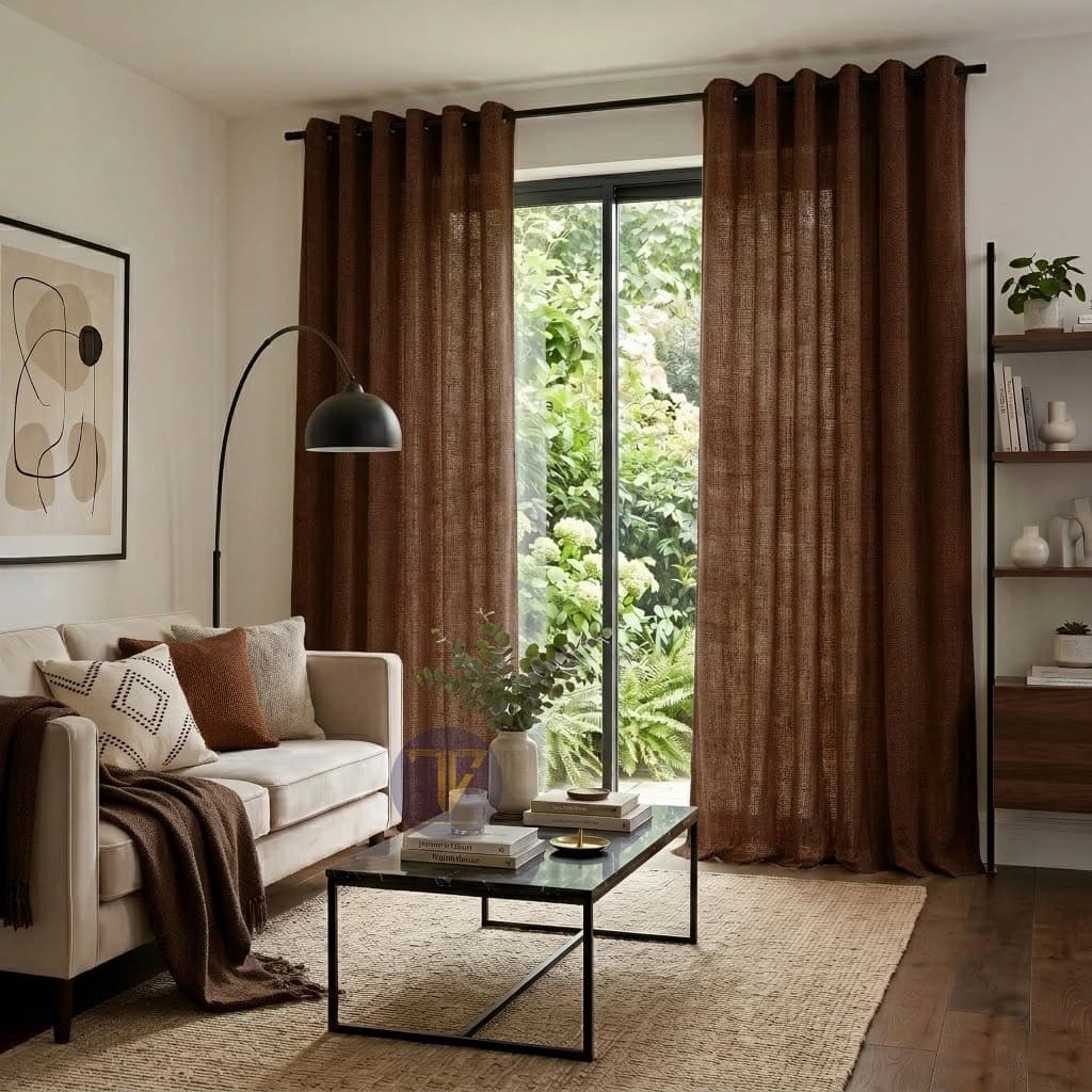 پرده آماده کتان حصیری قهوه ای