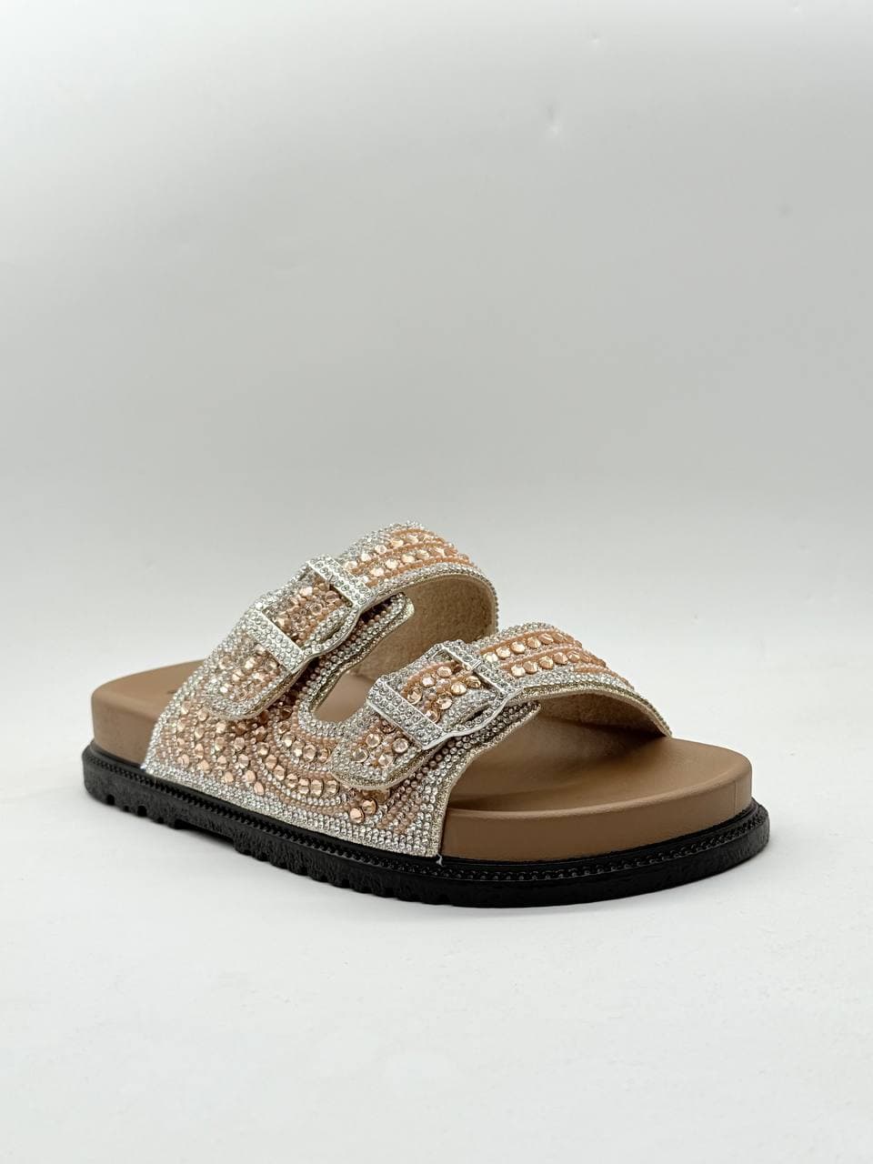دمپایی دو بند نگینی قهوه ای brown double-strap jeweled slippers — تصویر ۲