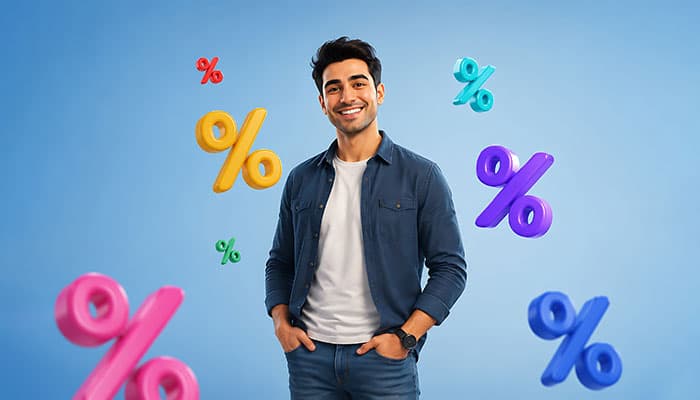 تصویر کاراکتر مرد جوان طرح تخفیف و علامت درصد