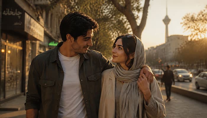 تصویر دختر و پسر ایرانی عاشق و پیاده روی در تهران