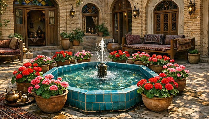 تصویر حیاط خانه قدیمی با حوض آب و گل های شمعدانی