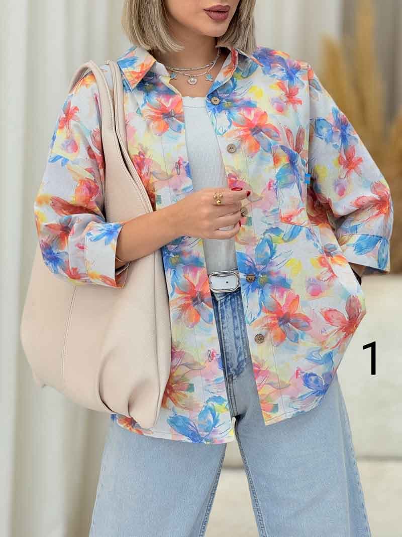 شومیز طرح دار یقه بند کد 6734