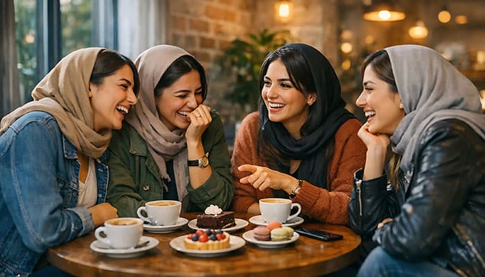 تصویر دختران ایرانی و دوستان شاد در کافی شاپ