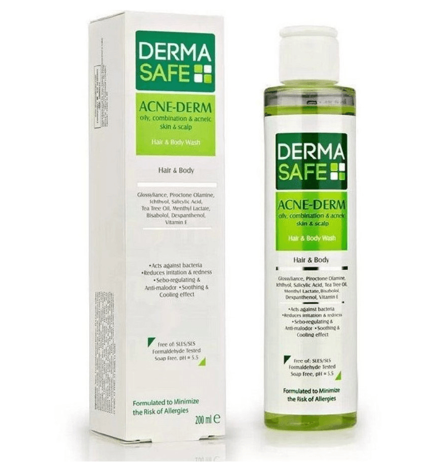 شامپو سر و بدن Derma safe مناسب پوست های چرب مختلط و داراي آکنه 200 میل – آکنه درم