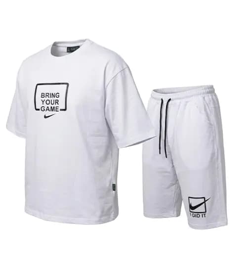 ست مردانه تیشرت و شلوارک نخ پنبه سفید Nike طرح دار مدل 50307