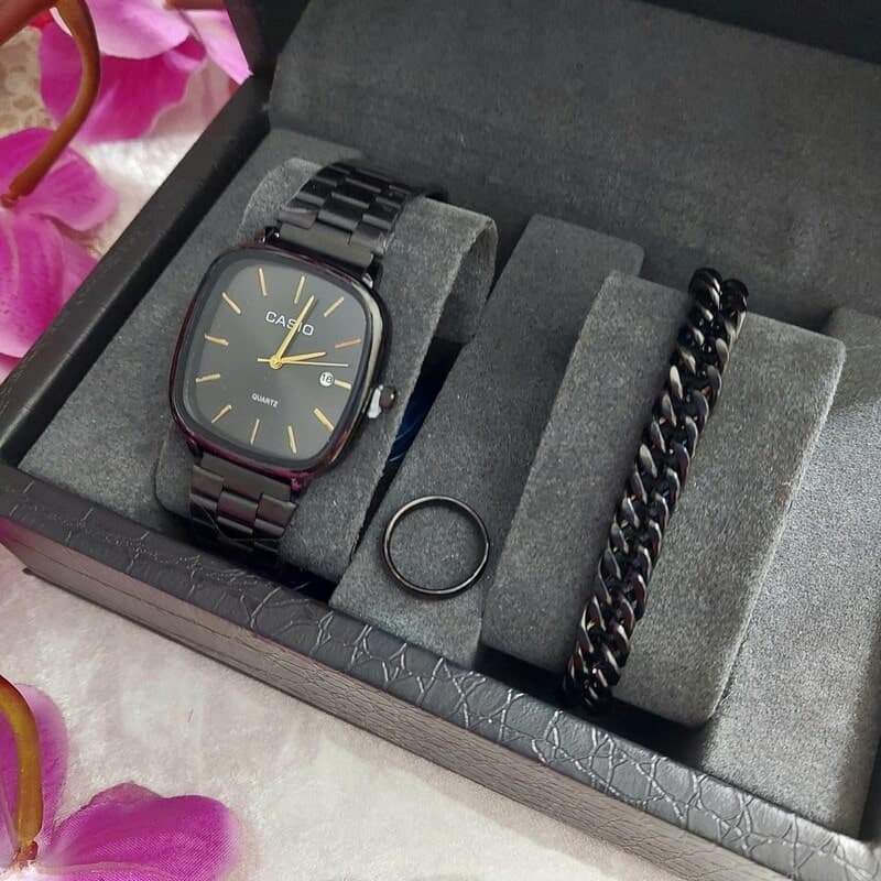 ساعت مردانه کاسیو Casio مشکی همراه دستبند و حلقه انگشتر — تصویر ۲