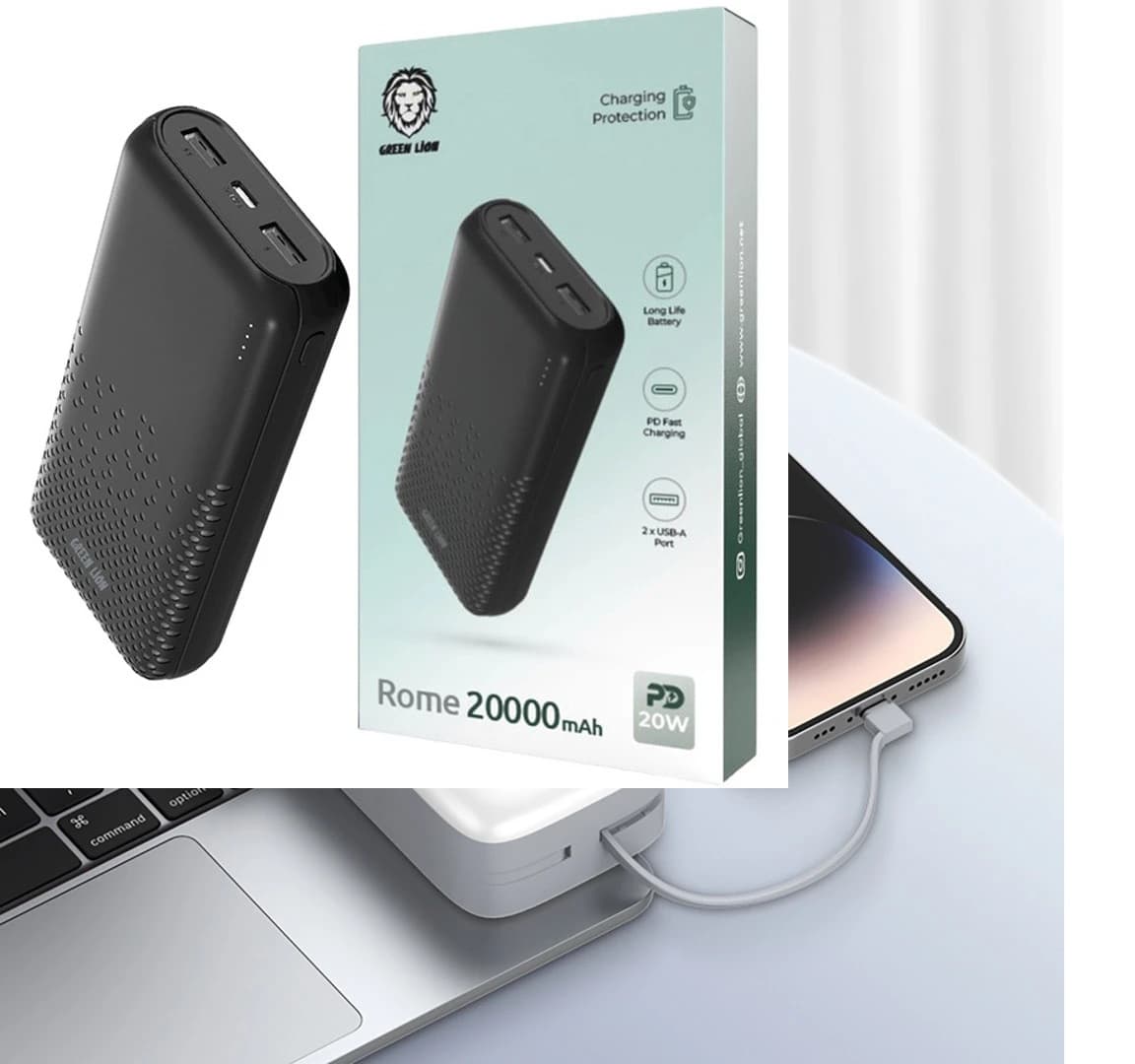 پاور بانک فست شارژ گرین لاین Green Lion Rome PD 20W ظرفیت 20000 میلی آمپر ساعت