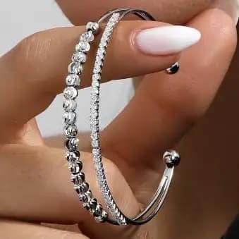 دستبند بنگل زنانه و دخترانه دولاین نگین تنیسی ریز و درشت آبکاری نقره رنگ ثابت کد amp