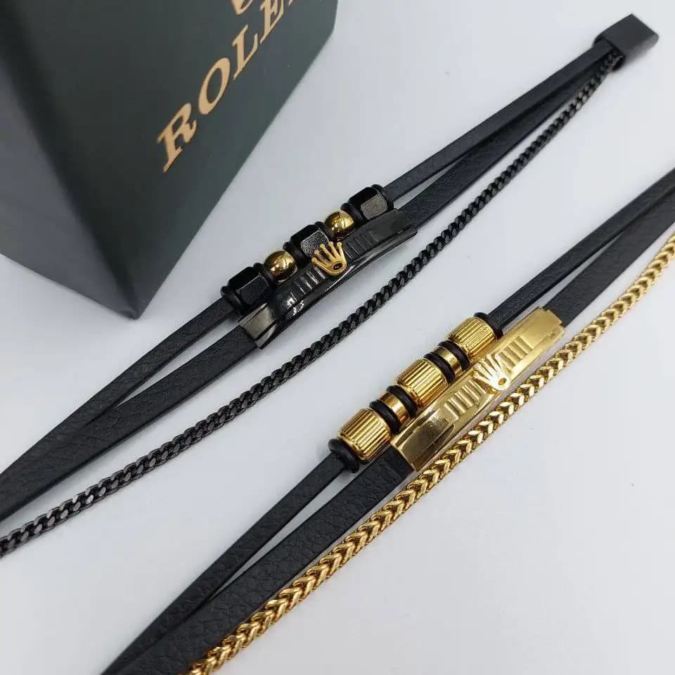 دستبند مردانه و پسرانه چرم و رولکس rolex سه لاین پلاک استیل رنگ ثابت کد amp — تصویر ۲