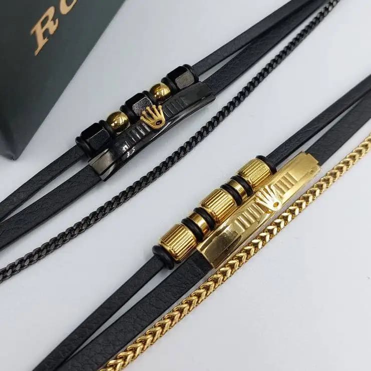 دستبند مردانه و پسرانه چرم و رولکس rolex سه لاین پلاک استیل رنگ ثابت کد amp