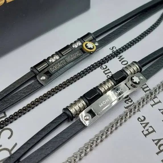 دستبند مردانه و پسرانه چرم مونت بلک mont black پلاک استیل سه لاین رنگ ثابت کد amp