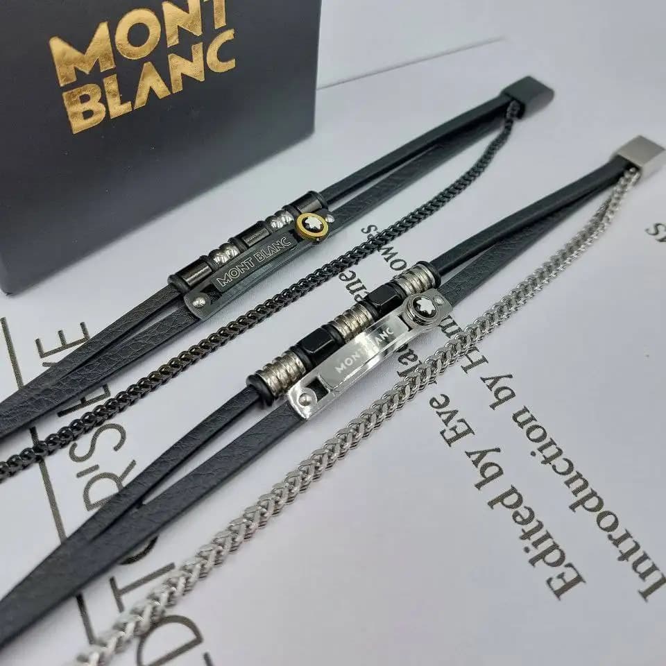 دستبند مردانه و پسرانه چرم مونت بلک mont black پلاک استیل سه لاین رنگ ثابت کد amp — تصویر ۲