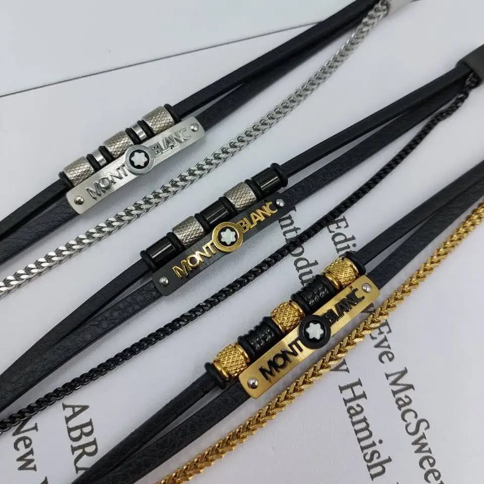 دستبند مردانه اسپرت چرم و پلاک استیل مونت بلک mont black سه لاین رنگ ثابت کد amp — تصویر ۲