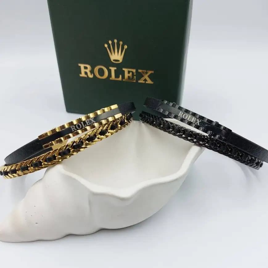 دستبند اسپرت مردانه و پسرانه چرم و پلاک استیل رولکس rolex سه لاین رنگ ثابت کد amp