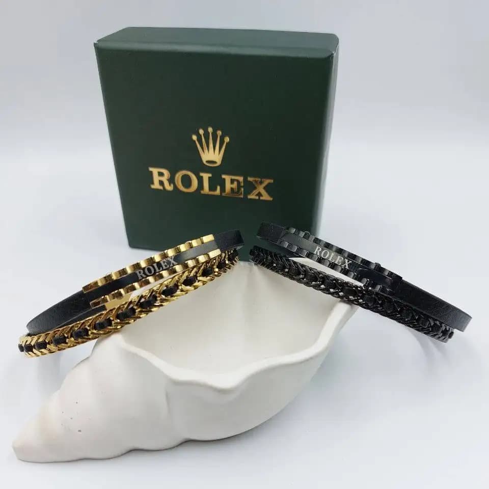 دستبند اسپرت مردانه و پسرانه چرم و پلاک استیل رولکس rolex سه لاین رنگ ثابت کد amp — تصویر ۲