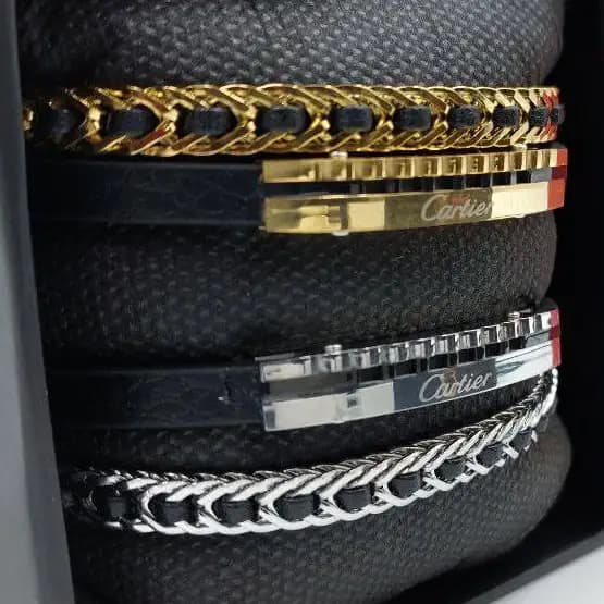 دستبند مردانه و پسرانه چرم و پلاک استیل کارتیر cartier دولاین رنگ ثابت کد amp