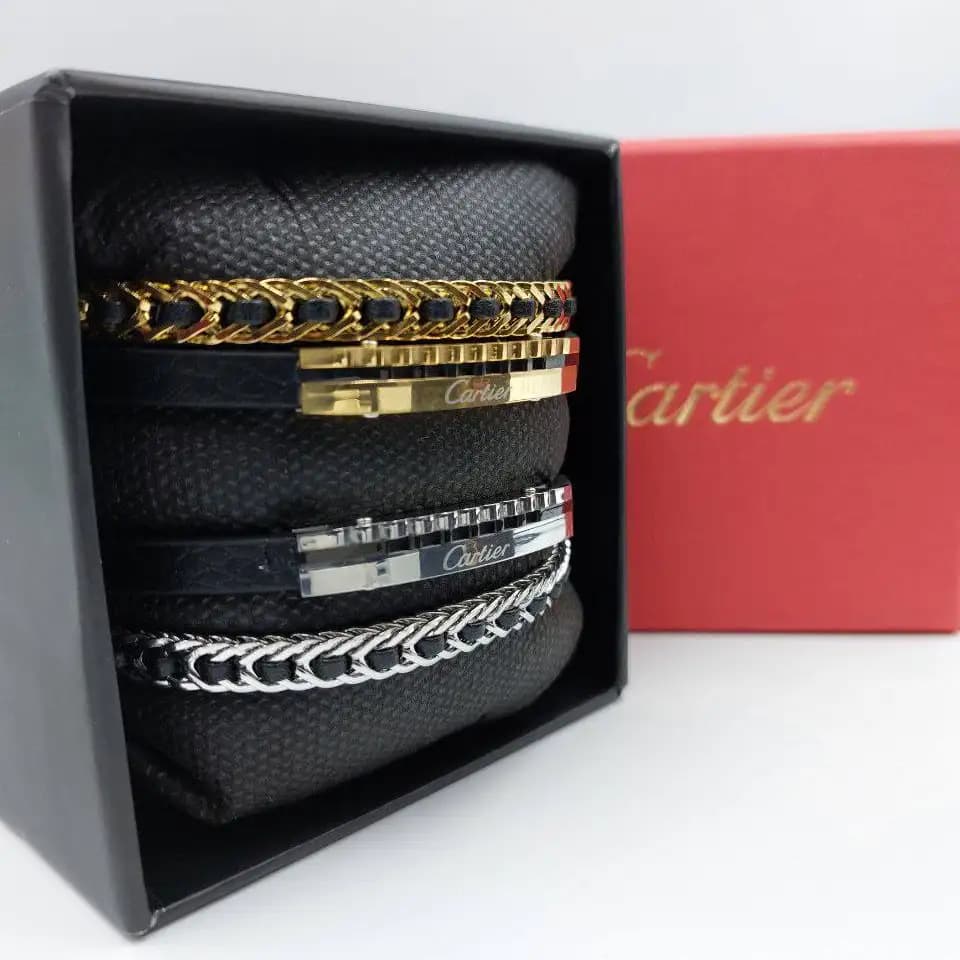 دستبند مردانه و پسرانه چرم و پلاک استیل کارتیر cartier دولاین رنگ ثابت کد amp — تصویر ۲