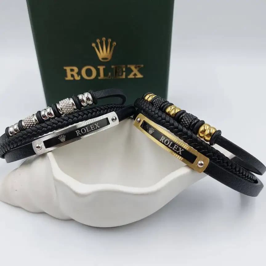 دستبند مردانه چرم و پلاک استیل رولکس rolex سه لاین رنگ ثابت کد amp