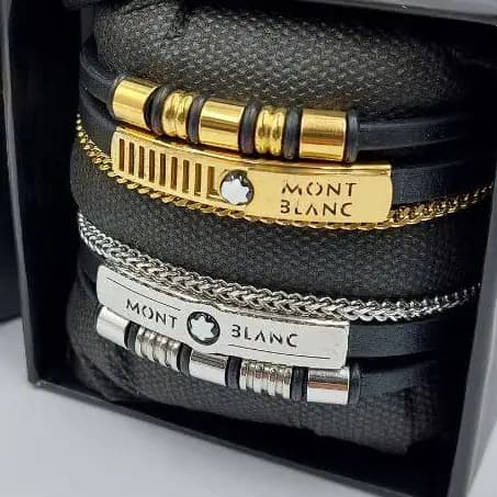 دستبند مردانه چرم و پلاک استیل طرح مونت بلک mont black سه لاین رنگ ثابت کد amp