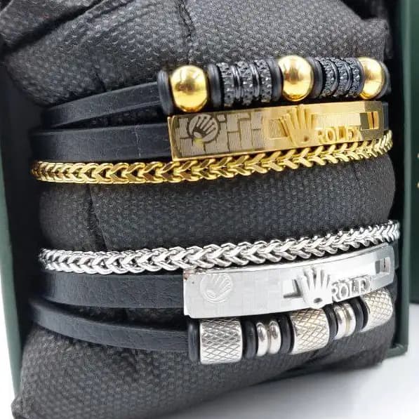 دستبند مردانه چرم و پلاک استیل طرح پلاک رولکس rolex سه لاین رنگ ثابت کد amp