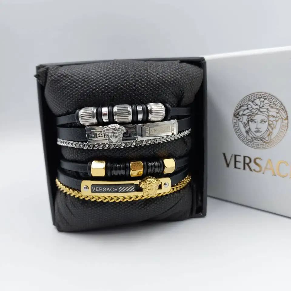 دستبند مردانه چرم و پلاک استیل طرح ورساچ VERSACE سه لاین رنگ ثابت کد amp — تصویر ۲