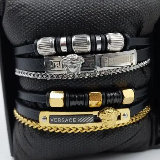 دستبند مردانه چرم و پلاک استیل طرح ورساچ VERSACE سه لاین رنگ ثابت کد amp