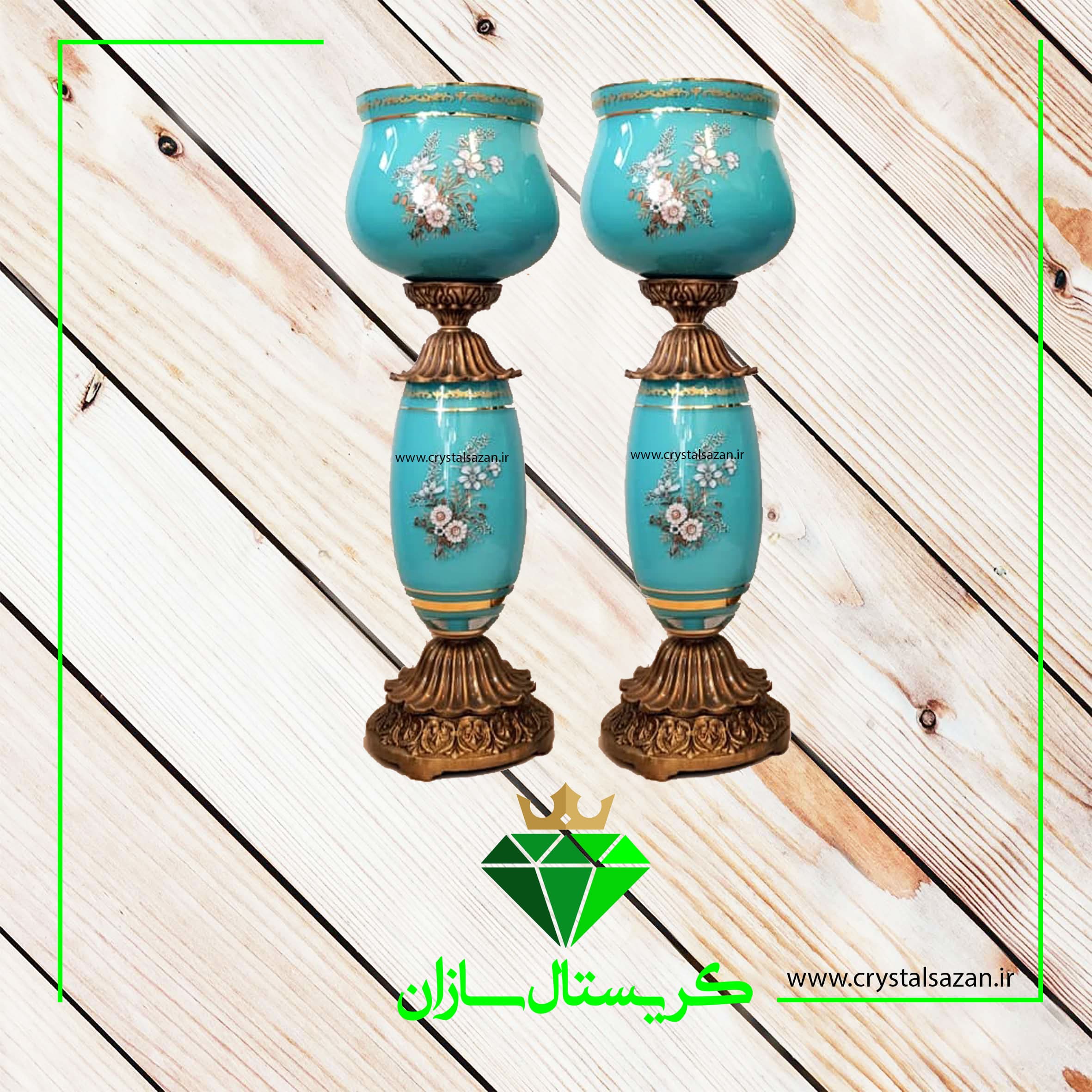 شمعدان افرا کریستال سازان مدل رز فیروزه ای کد SH1209