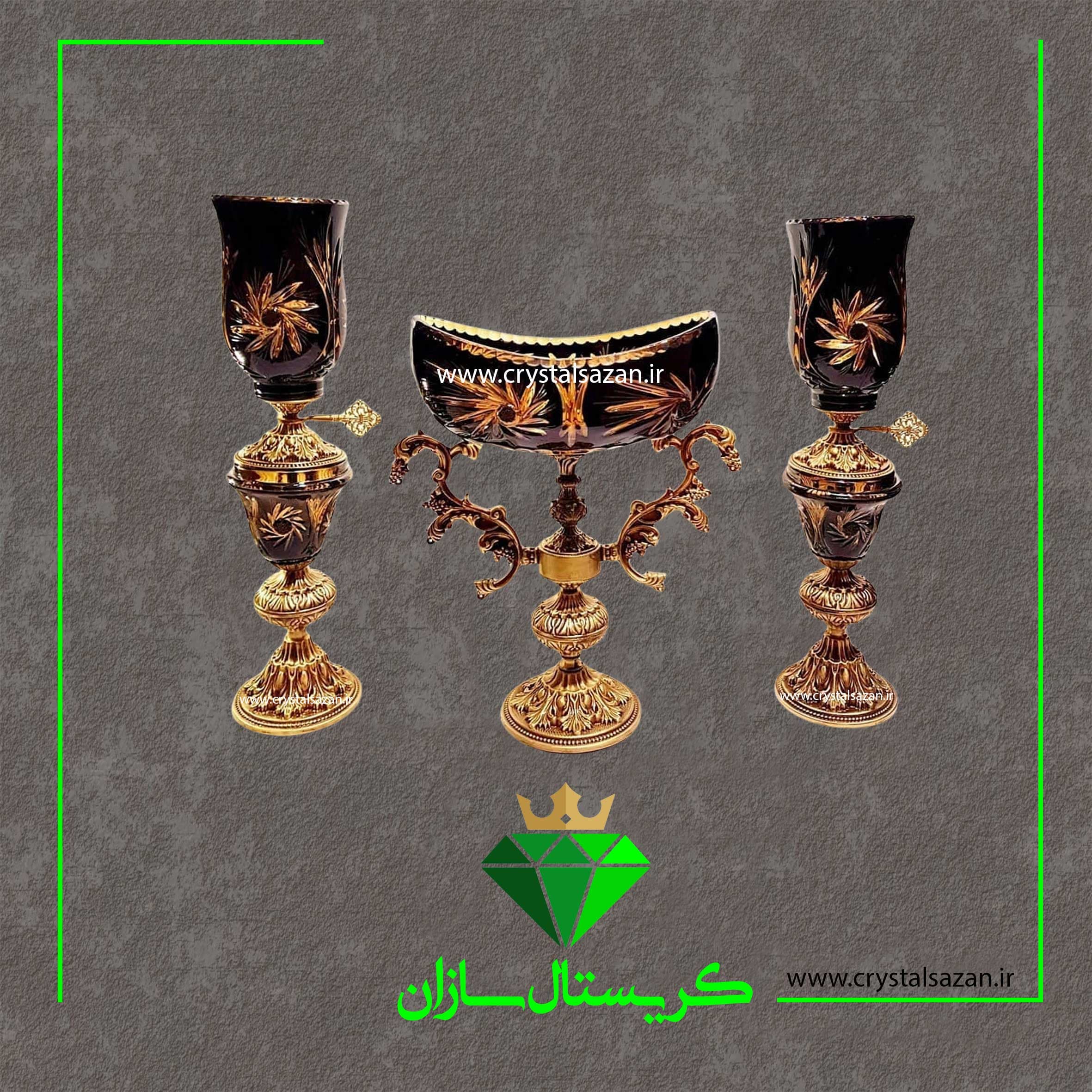 سه تیکه شمعدان و کشکول دو پوست مدل تابان کریستال سازان مشکی کد CS1240