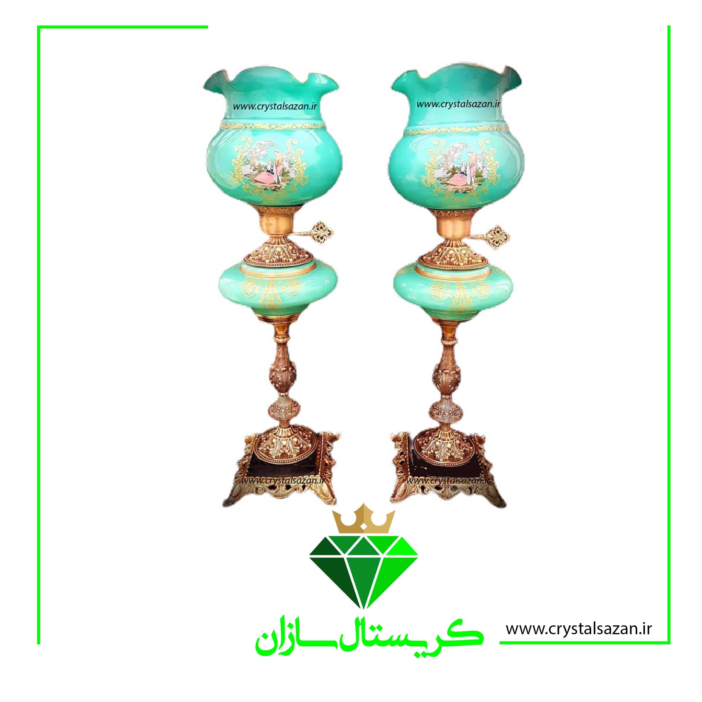 چراغ نفتدان لب چین مدل رومنس سبز رنگ کریستال سازان کد N1259
