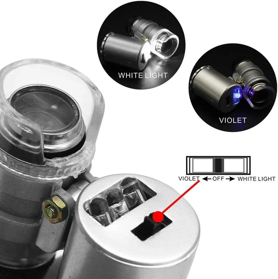 مینی میکروسکوپ جیبی 60X | نور UV آبی تست اسکناس |قابلیت فوکوس |‌بدنه فلزی | 4قسطی✅ — تصویر ۷