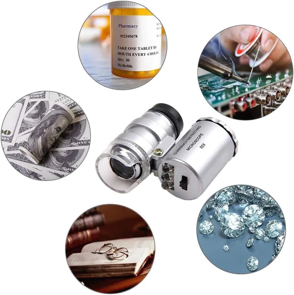 مینی میکروسکوپ جیبی 60X | نور UV آبی تست اسکناس |قابلیت فوکوس |‌بدنه فلزی | 4قسطی✅ — تصویر ۵
