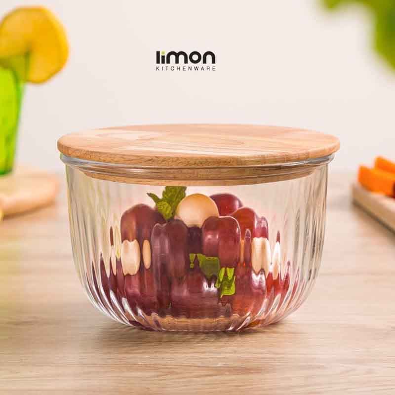 ظرف شیشه ای لیمون شیاردار گرد درب چوبی 970 میلی 2176