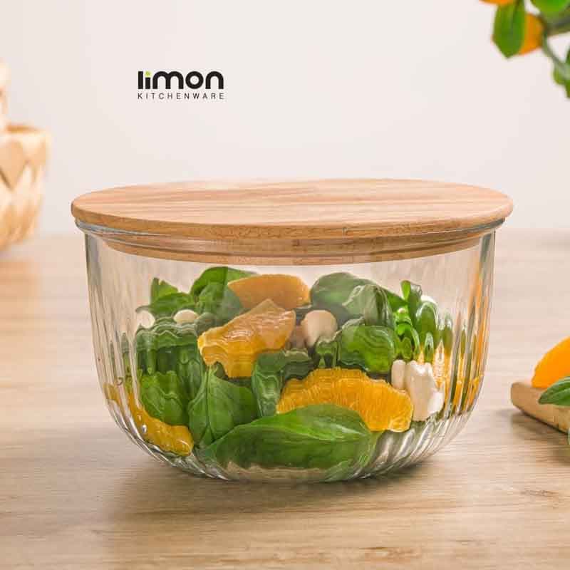 ظرف شیشه ای لیمون شیاردار گرد درب چوبی 1.8 لیتر 2177