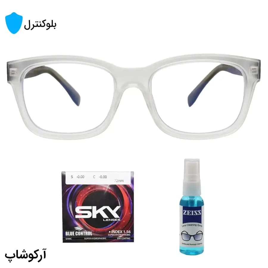عینک بلوکنترل با فریم شکل مستطیلی، رنگ سفید مات (یخی)، برند Ray-Ban و لنز بلوکنترل کره‌ای برند SKY مدل 6703 — تصویر ۲