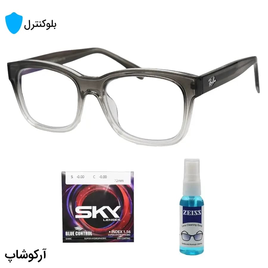 عینک بلوکنترل با فریم شکل مستطیلی، رنگ طوسی براق، برند Ray-Ban و لنز بلوکنترل کره‌ای برند SKY مدل 6703