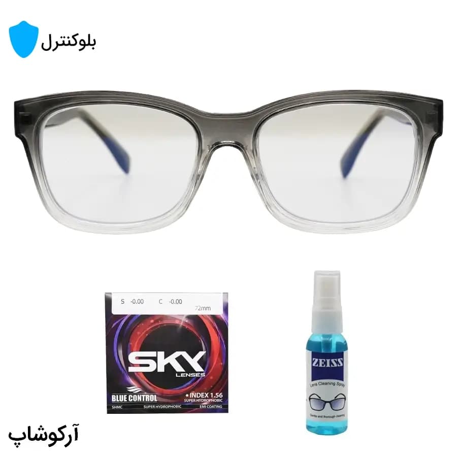 عینک بلوکنترل با فریم شکل مستطیلی، رنگ طوسی براق، برند Ray-Ban و لنز بلوکنترل کره‌ای برند SKY مدل 6703 — تصویر ۲