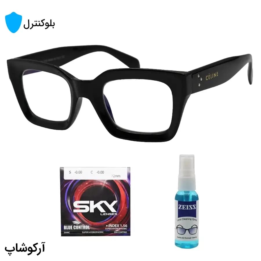 عینک بلوکنترل با فریم شکل مربعی، رنگ مشکی براق، برند Celine و لنز بلوکنترل کره‌ای برند SKY مدل 9088